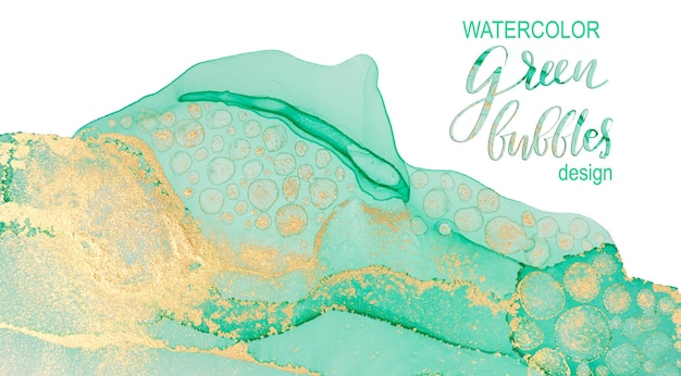 Watercolor abstract background with green and gold bubbles design template for greeting card