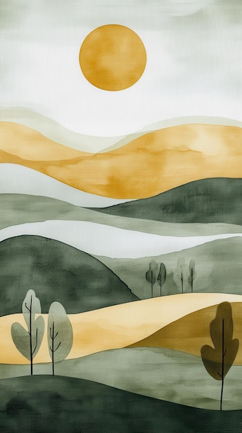 Watercolor abstract nature scene with circles and lines in olive green