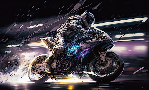 Watercolor abstract night racer on a motorcycle