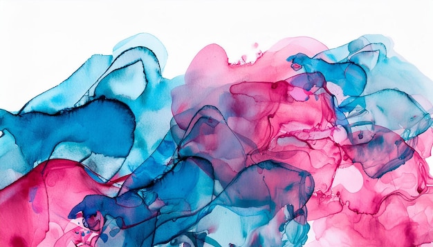 Photo watercolor abstract painting fluid art stains in water pink and blue colors modern hand drawn