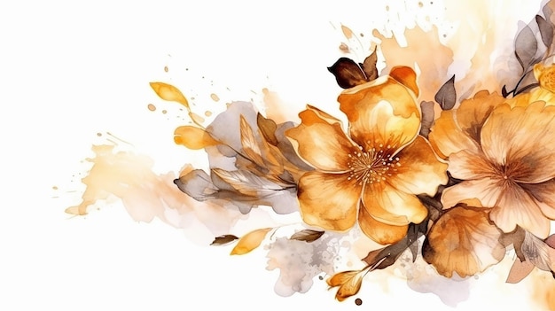 Watercolor alcohol golden ink floral on white isolated Generative AI