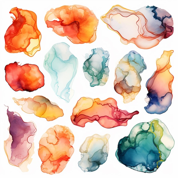 Photo watercolor alcohol ink clipart set on white background