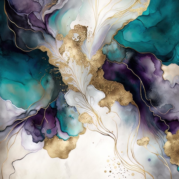 Watercolor alcohol ink purple and green background with some golden Illustration Generative AI