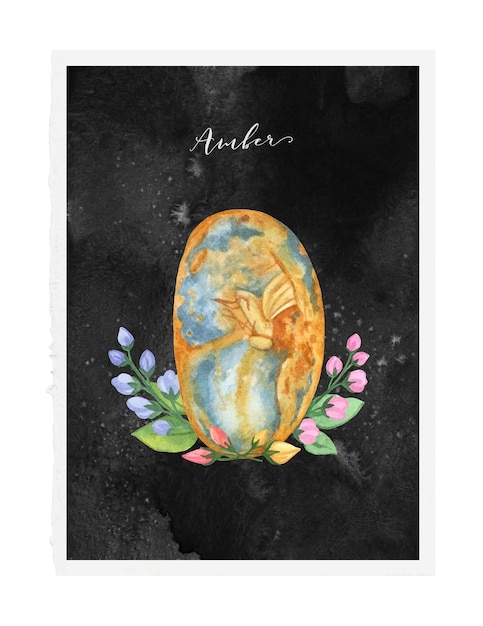 Watercolor amber stone with flowers and leaves on black background.