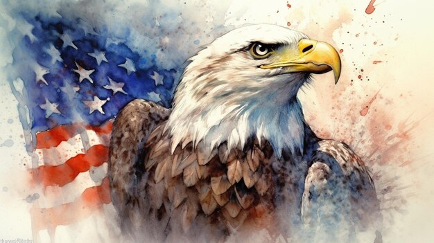 Watercolor of American Bald Eagle Over An American Flag Abstract Background Generative AI