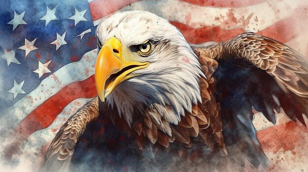 Watercolor of American Bald Eagle Over An American Flag Abstract Background Generative AI