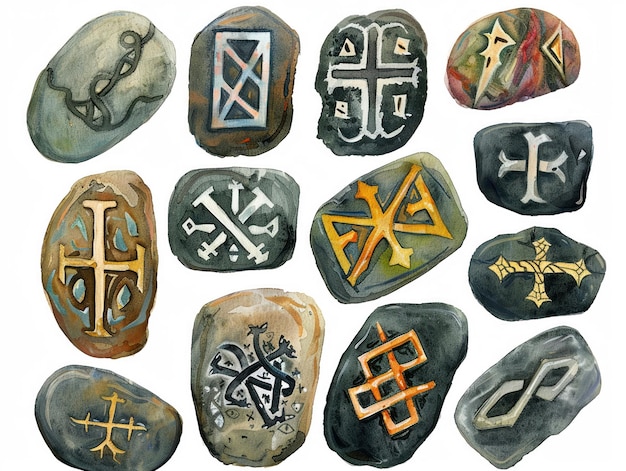 Photo watercolor of ancient christian runes and symbols carved in stone historical faith markers