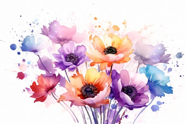 Watercolor Anemone Flowers Painting Art Ai generative