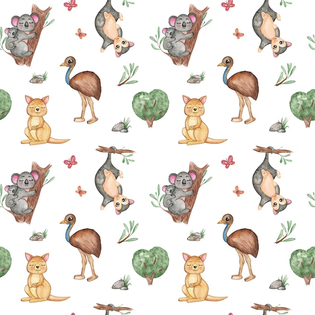 Watercolor animals seamless pattern, Jungle, Safari repeating pattern. Kangaroo, giraffe, emu ostrich, possum, koala, chameleon, tropical plants