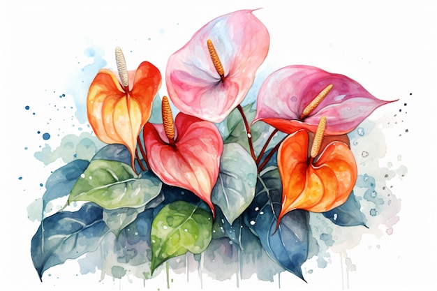 Watercolor Anthurium Flowers Painting Art Ai generative