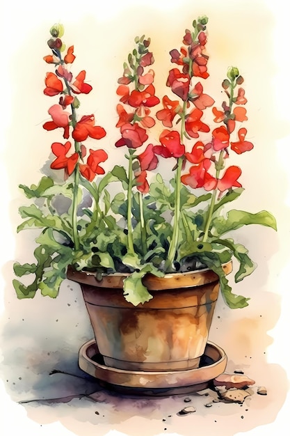 Watercolor Antirrhinum Plant in Pot for Charming and Whimsical Home Decor Generative AI