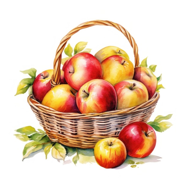 Watercolor apples in basket Illustration AI GenerativexA