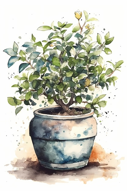 Watercolor Arabian Jasmine Plant in Pot for Fragrant and Dreamy Home Decor Generative AI