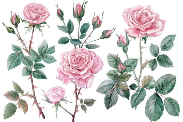 Watercolor Arrangements with Garden Roses and Floral Elements