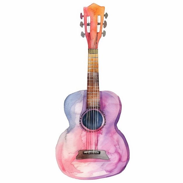 Photo watercolor art of acoustic guitar vibrant pink and purple music instrument illustration