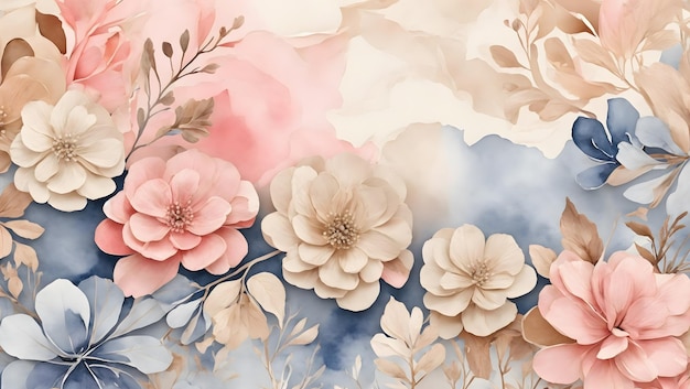 Watercolor art background vector Wallpaper design with winter flower paint brush line art