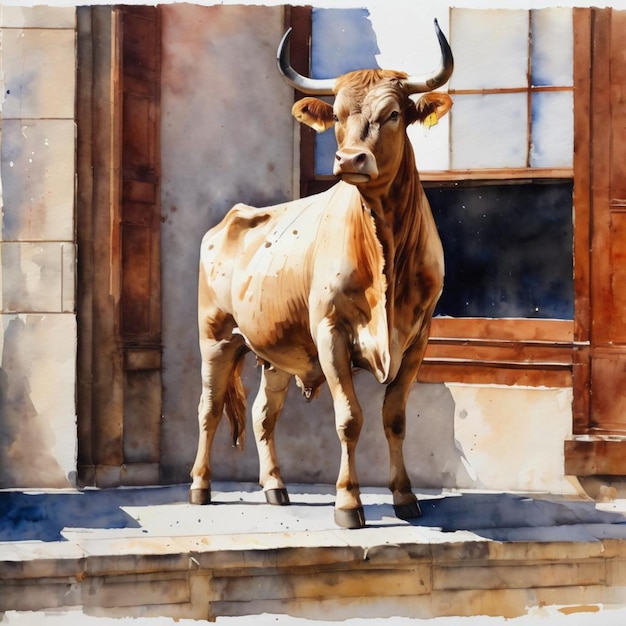 Watercolor art of a bull standing on a ledge