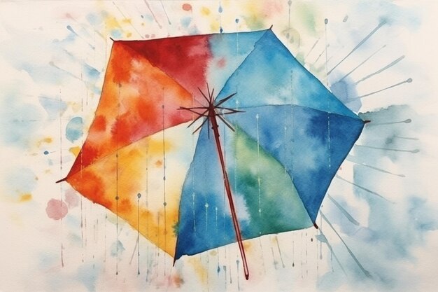 Watercolor Art Colorful Umbrella in a Rainy Scene