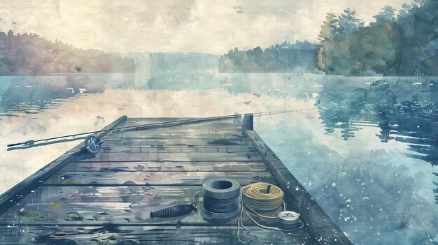 Watercolor art of fishing gear on a dock by a lake Concept of fishing equipment nature tranquility outdoor activities Copy space