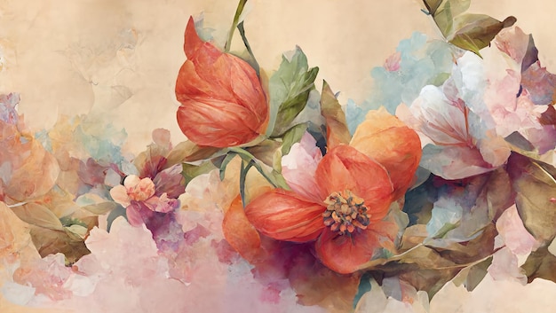 Watercolor art Floral brush wallpaper design 3d rendering Raster illustration