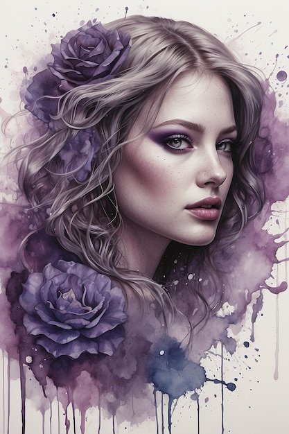 Watercolor art painting of a beautiful girl with a bouquet of flowers purple color tone