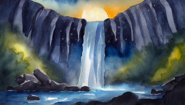 Photo watercolor art painting thundering falls in hidden grotto rhythmically at night