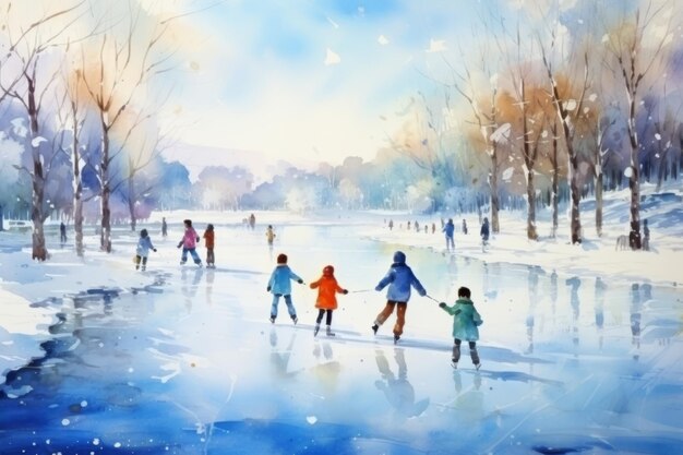 Watercolor Art of Park Ice Skating People Smoothly Gliding on Frozen Pond Wint Dongzhi Festival