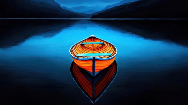 Photo watercolor art of a serene lake with a lone boat drifting in the middle tranquil reflections soft colors