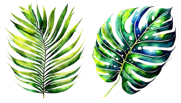 Watercolor art of tropical foliage leaves palm leaf AI Generative