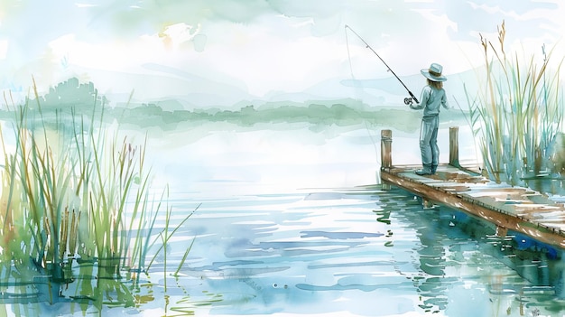 Watercolor art of woman fishing in a serene lake landscape Concept of fishing tranquility nature outdoor activity Copy space