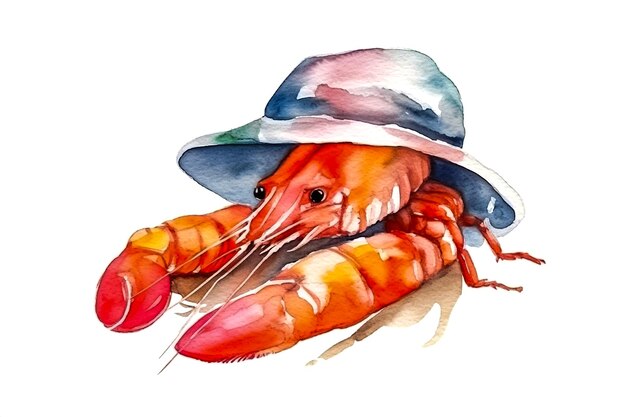 watercolor artwork featuring a lobster with a fashionable hat ai