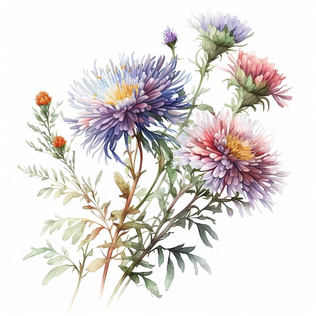 Watercolor aster illustration on white background Flower art