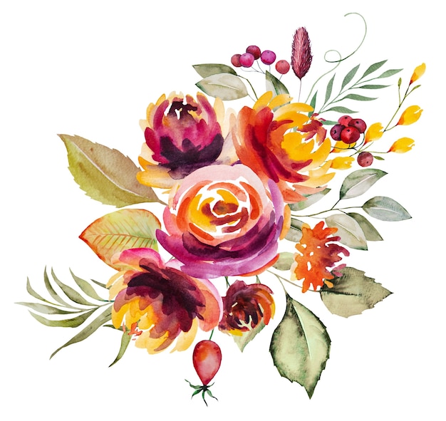 Watercolor autumn bouquet made of red, orange, green and yellow flowers and leaves isolated