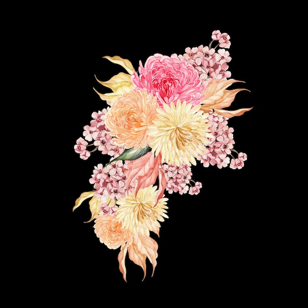 Watercolor autumn bouquet with chrysanthemum flowers leaves