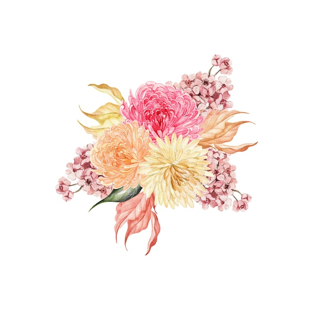 Watercolor autumn bouquet with chrysanthemum flowers leaves