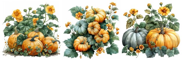 Photo watercolor autumn floral pumpkins beautiful fall season thanksgiving design beautiful pumpkins with flowers hand drawn illustration set cartoon seasonal harvest posters