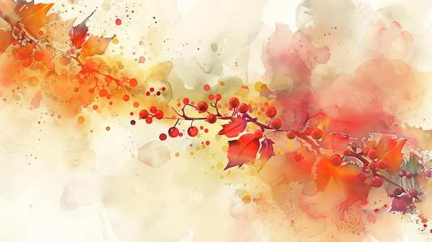 Watercolor autumn foliage with berries on a vibrant splash background Concept of autumnal art seasonal decoration artistic expression