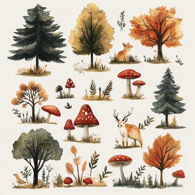 Watercolor Autumn Forest Illustration with Trees Mushrooms Deer and Bird