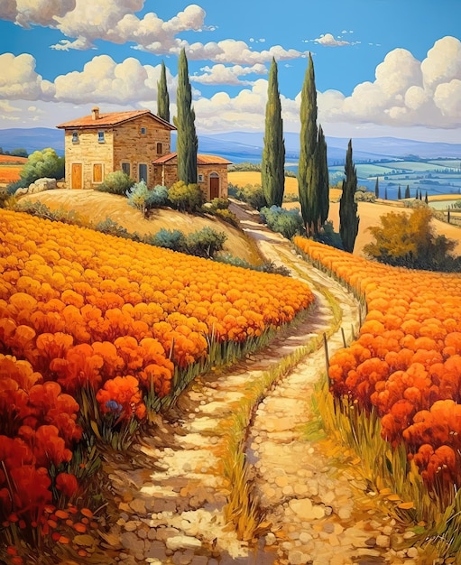 Watercolor autumn landscape ripe harvest houses and trees in Tuscany on a cloudy day