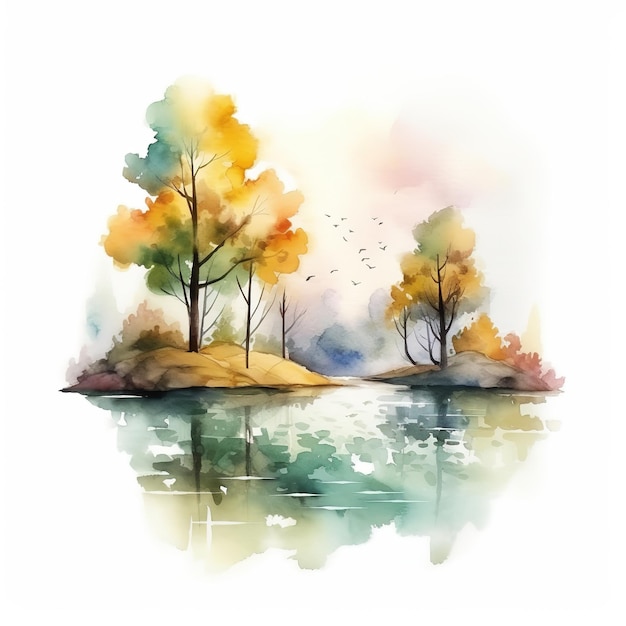 Watercolor autumn landscape with a lake and trees.