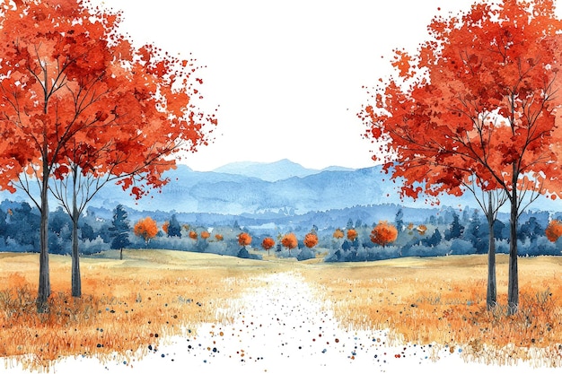 Photo watercolor autumn landscape with two red trees