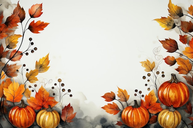 Watercolor autumn leaves and pumpkins on white background Autumn background