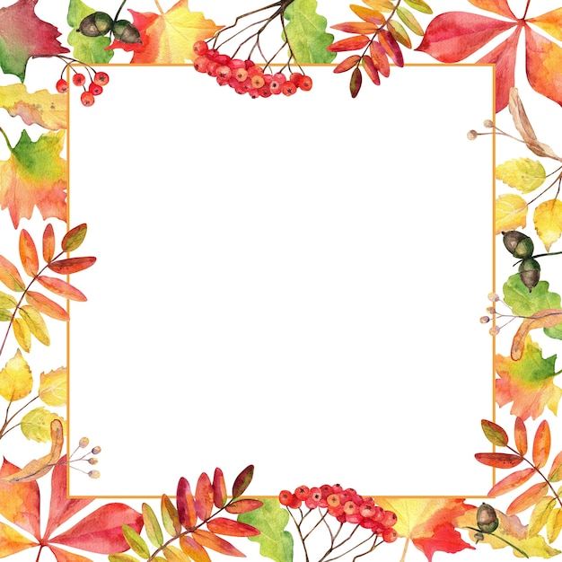 Watercolor autumn leaves square frame.