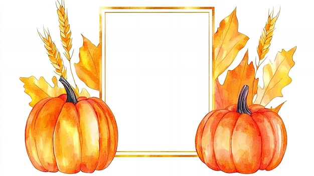 Photo watercolor autumn pumpkins and leaves with blank gold frame