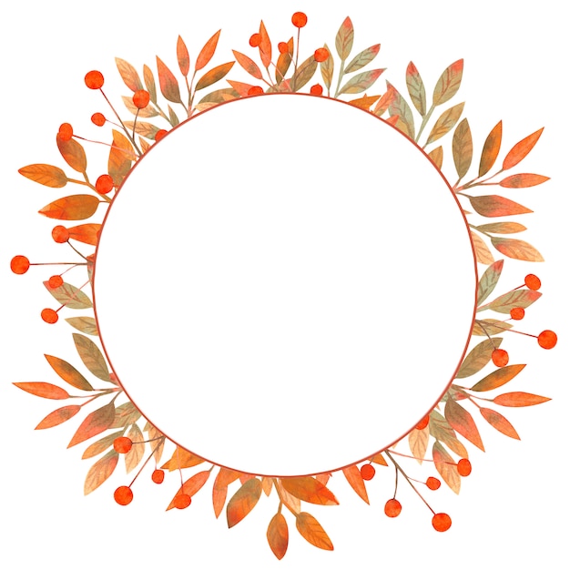 Watercolor autumn round frame made of leaves