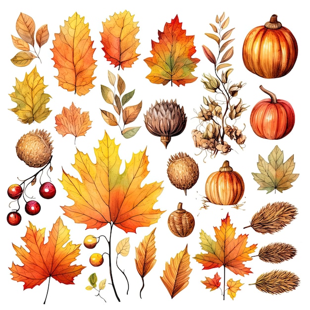 Watercolor autumn set cliparts isolated on white background