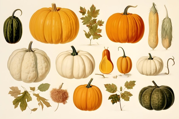 Watercolor autumn set of pumpkins and leaves Botanical illustration