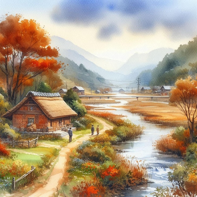 Watercolor autumn village background