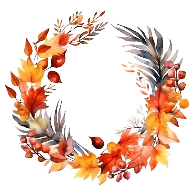 Watercolor Autumn Wreath on white background