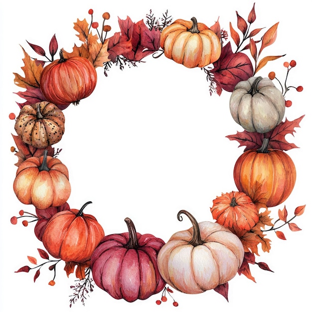 Watercolor Autumn Wreath with Pumpkins and Fall Leaves